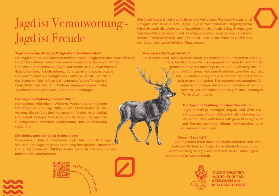 Sie sehen die Tafel mit allen Informationen zu Jagd ist Verantwortung - Jagd ist Freude. Der QR- Code führt vom Lehrpfad auf diese Seite um alle Informationen zu erhalten.