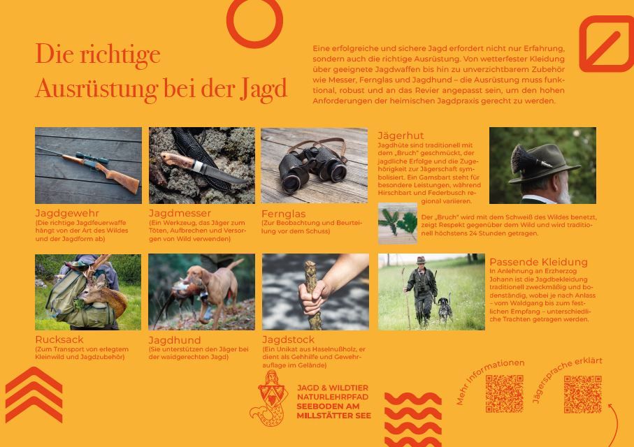 Sie sehen die Tafel mit allen Informationen zu Die richtige Ausrüstung bei der Jagd Der QR- Code führt vom Lehrpfad auf diese Seite um alle Informationen zu erhalten.