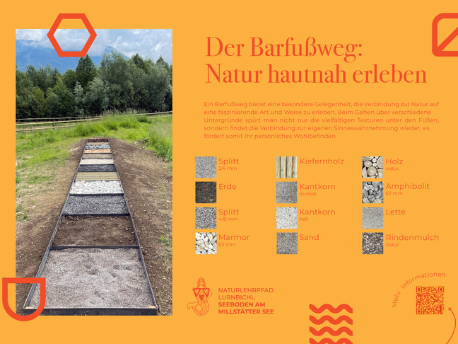 Sie sehen die Tafel mit allen Informationen welche am Barfußweg angebracht ist. Der QR- Sode führt auf diese Seite um alle Informationen zu erhalten.