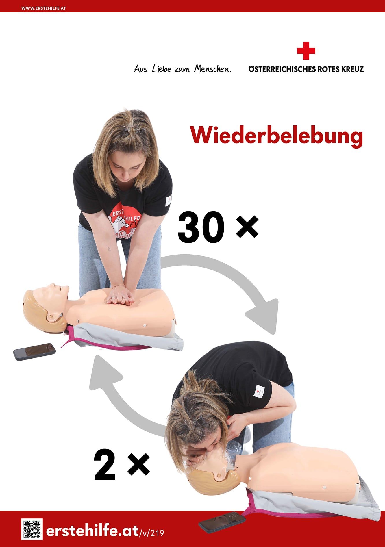 Wiederbelebung: 30x Herzdruckmassage, und zwei mal Beatmung wiederholen