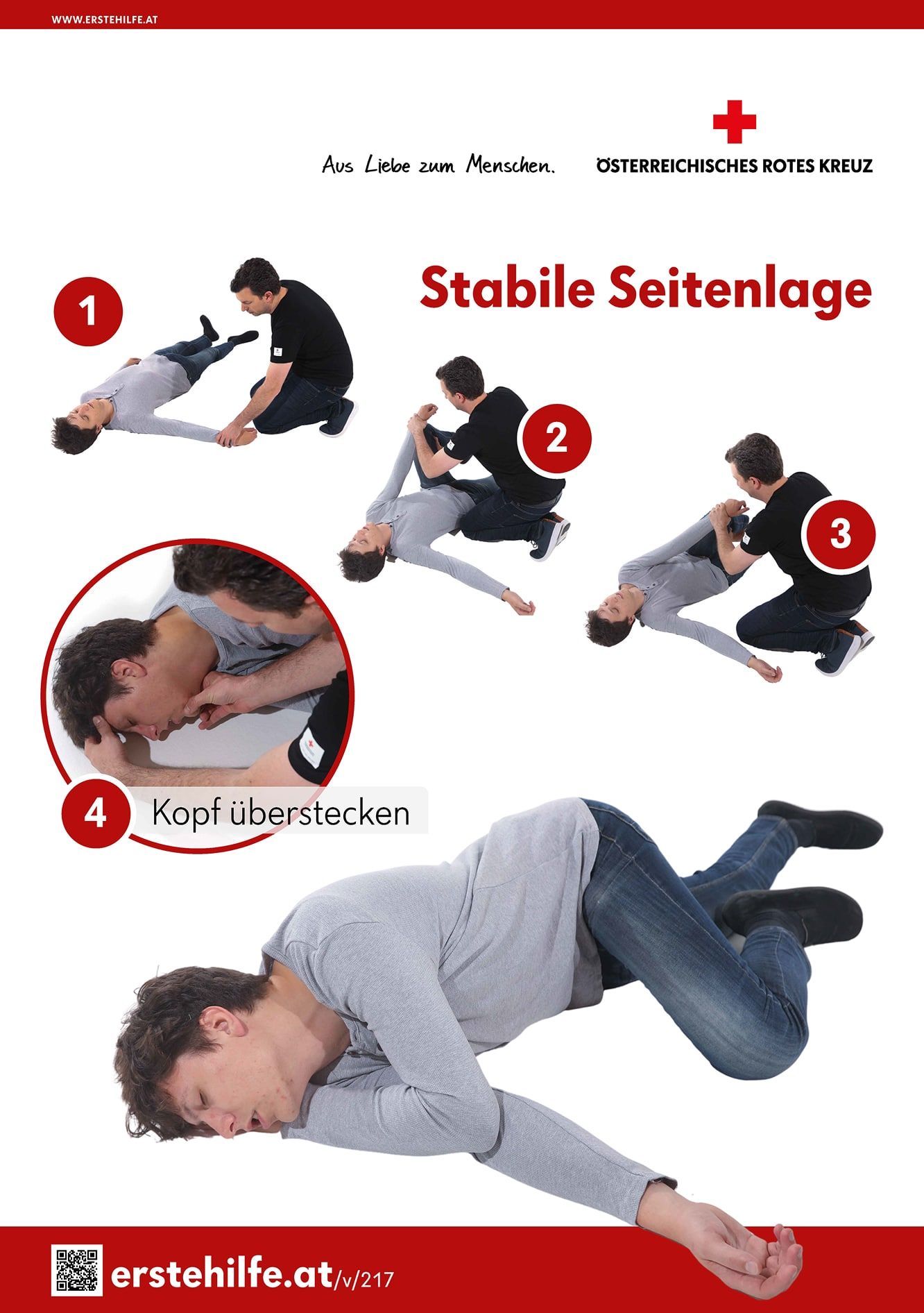 Stabile Seitenlage: 1. die rechte Hand zur Seite legen, 2. die linke Hand über den Körper zur rechten Seite bewegen, 3. Mittig das Knie mit nach oben ziehen und in die Handfläche legen und beide Körperteile zur Seite legen, 4. Kopf überstrecken